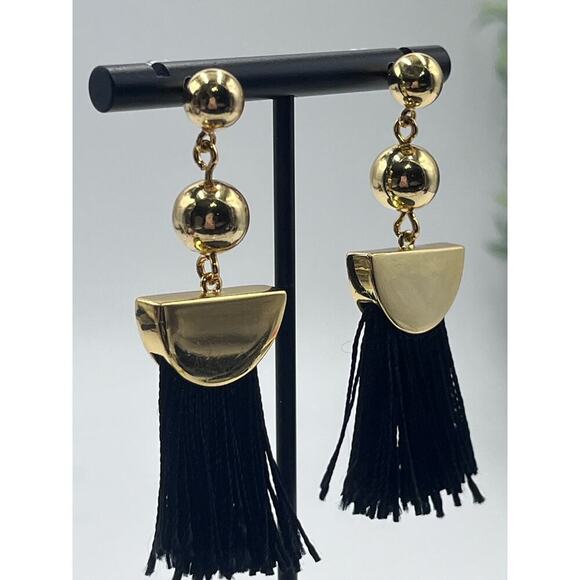 J. Crew Gold Tone Black Fringe Dangle Earrings - Picture 4 of 16